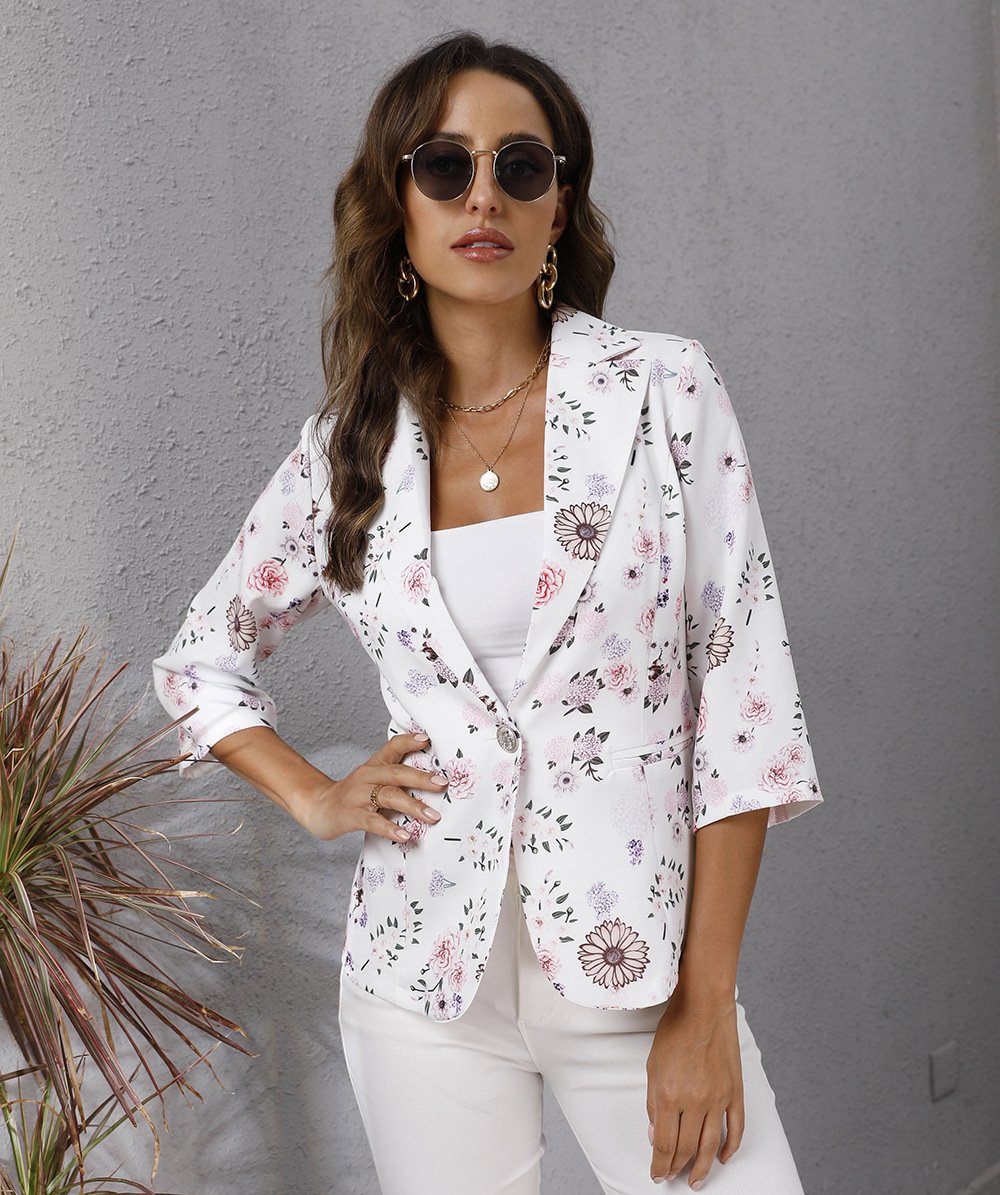 Women Floral Print Turnover Collar Fall Blazers-STYLEGOING