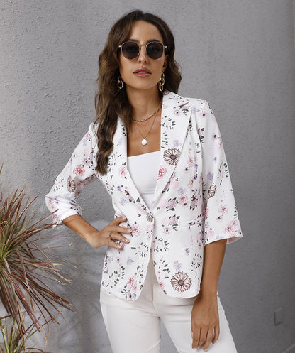 Women Floral Print Turnover Collar Fall Blazers-STYLEGOING