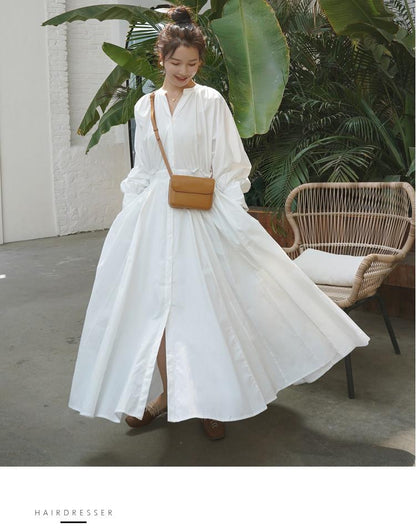 White Long Sleeves Fall Long Maxi Dresses-STYLEGOING