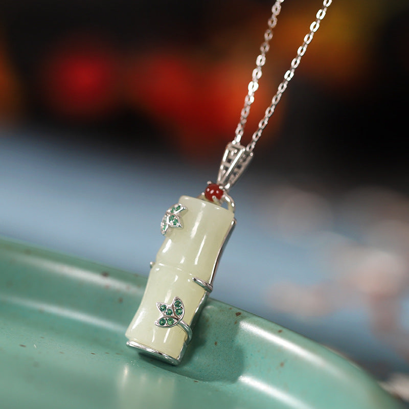 Wealthy Bamboo Joints Chalcedony Pendant Sliver Necklace for Women