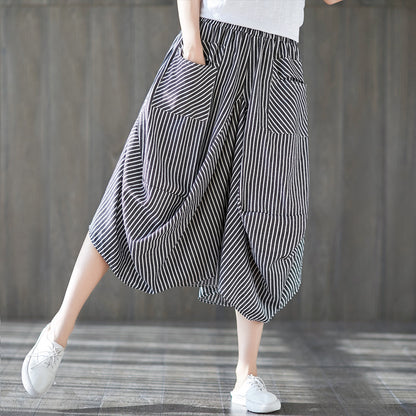 Summer Striped Elastic Waist Lantern Pants