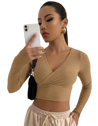 Sexy Deep V Neck Long Sleeves Women Short Tops--Free Shipping at meselling99