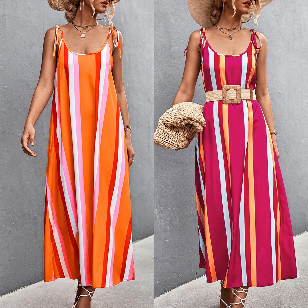 Sexy Backless Striped Long Sleeveless Dresses