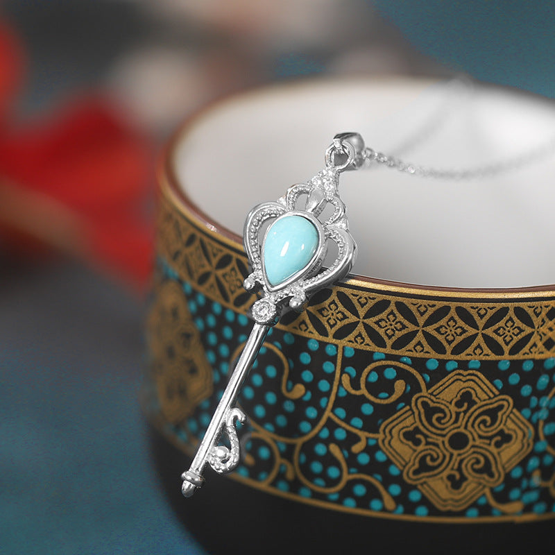 Valentine Sterling Silver Turquoise Key Shaped Necklace for Women