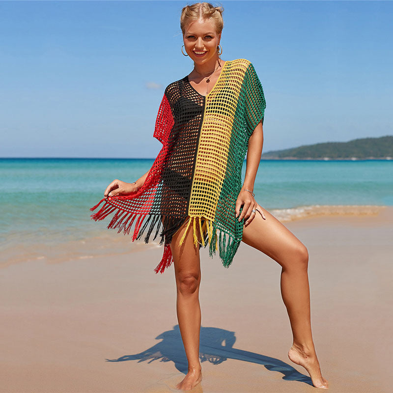 Colorful Knitting Crochet Tassels Swimwear Cover Ups for Women