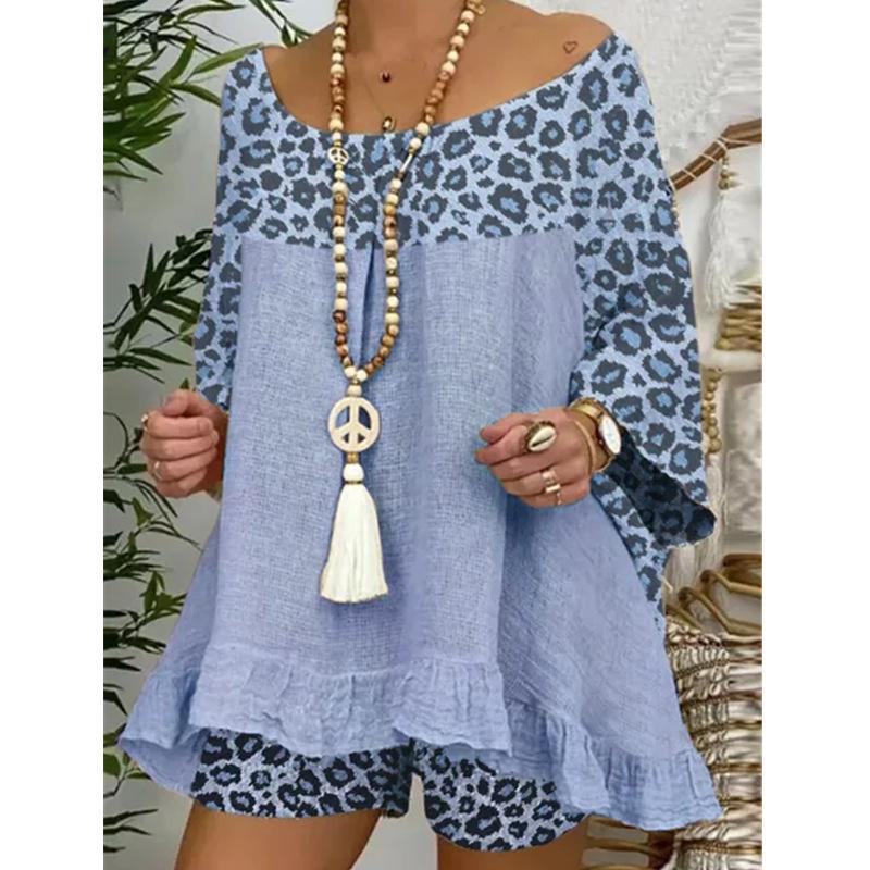 Plus Size Sumemr Leopard Linen Blouses&Shorts Suits-STYLEGOING