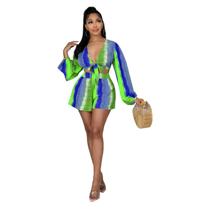 Casual Long Sleeves Two Pieces Short Suits