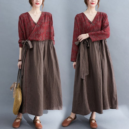 Vintage V Neck Flower Designed Slim Waist Long Maxi Dresses
