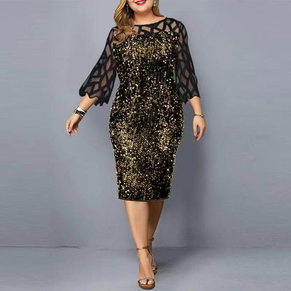 Women Sequin Plus Sizes 3/4 Length Sleeves Fall Dresses-STYLEGOING