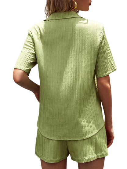 Summer Green Casual Tops & Shorts Women Suits
