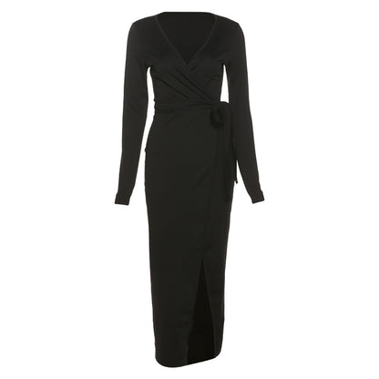 Sexy Black Split Front Long Sleeve Dresses