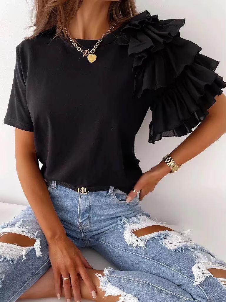 Casual Ruffled Design Women Short Sleeves T Shirts