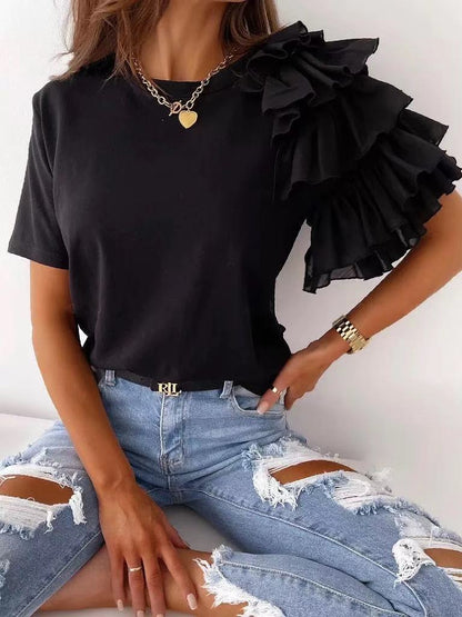 Casual Ruffled Design Women Short Sleeves T Shirts