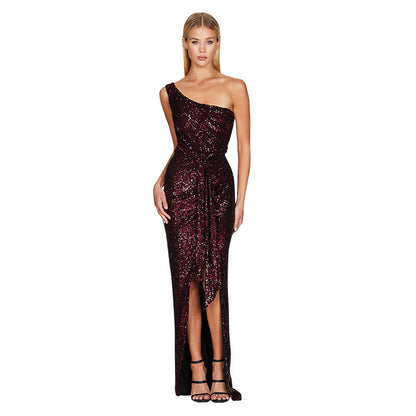 Sexy One Shoulder Sequin Summer Long Evening Party Dresses