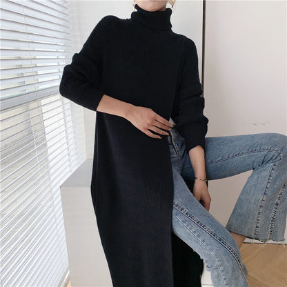 Designed High Neck Split Knitted Pullover Long Dresses