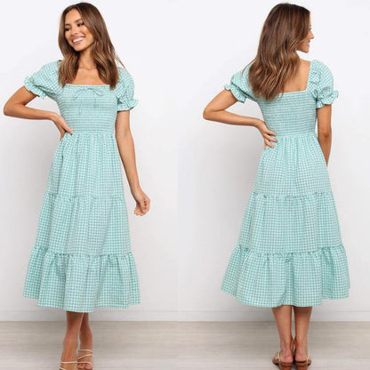 Sweet High Waist Light Green Plaid Long Dresses-STYLEGOING