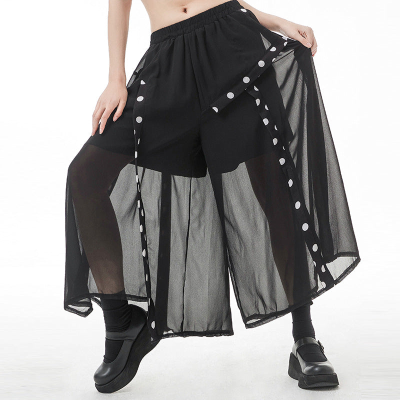 Black Tulle Dot Print High Waist Wide Legs Pants