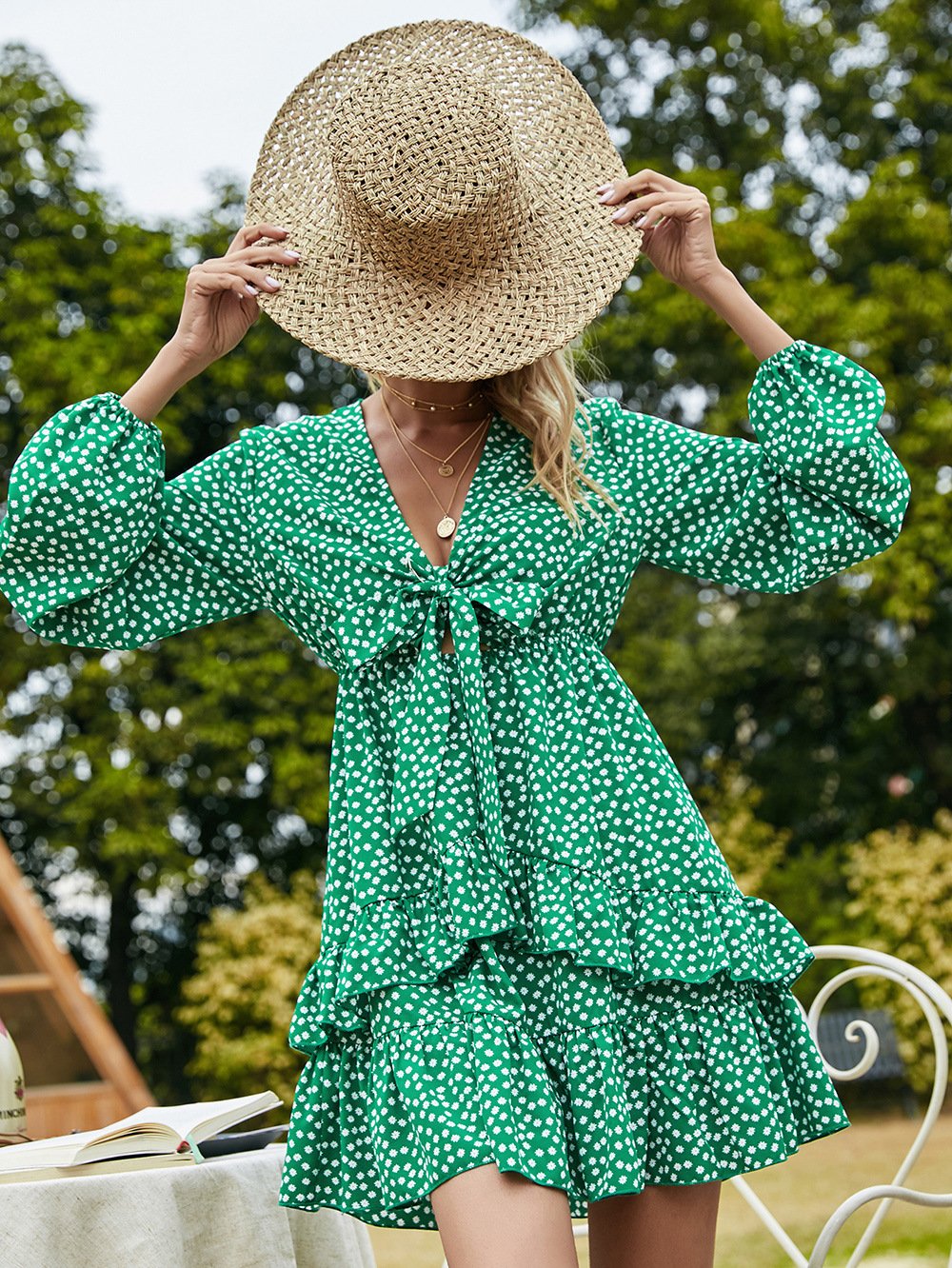 Women V Neck A Line High Waist Polk Dot Dresses-STYLEGOING