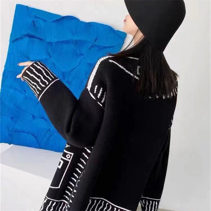 Black and White Graffiti Loose Knitted Sweater Cardigans