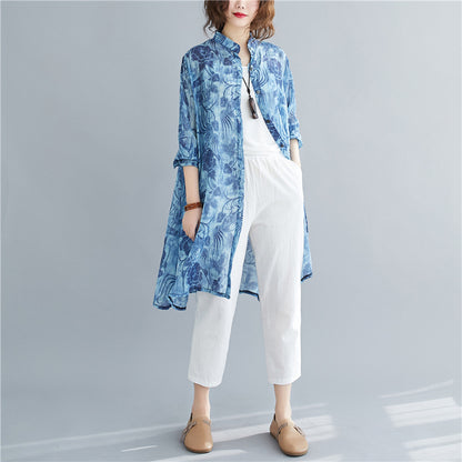 Blue Plus Sizes Long Women Shirts