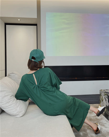 Summer Green Backless Short Sleeves Long T Shirts Dresses