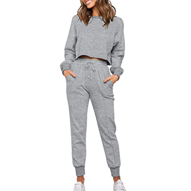 Women Round Neck Drawstring Casual Fall Sporting Suits-STYLEGOING