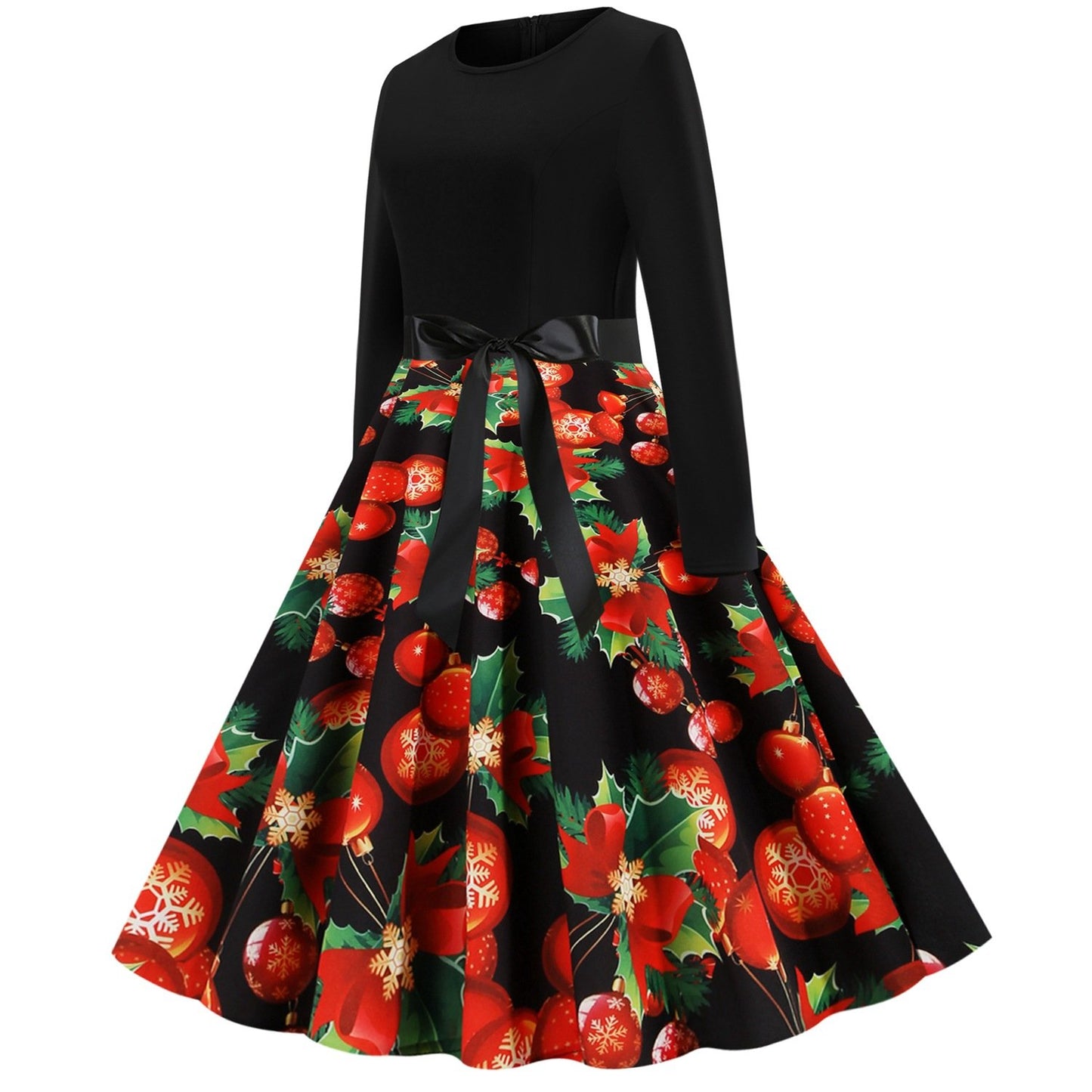 Vintage Christmas Plus Sizes Round Neck Long Sleeves Dresses-STYLEGOING