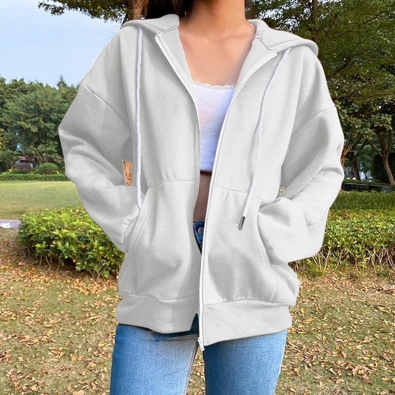 Casual Zipper Velvet Long Sleves Women Hoody Tops