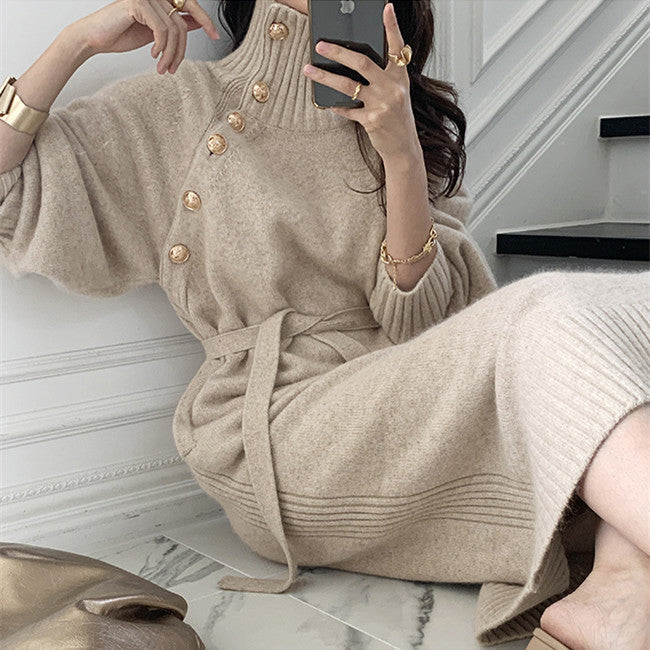 Loose Turtleneck Lace Up Knitted Winter Long Dresses
