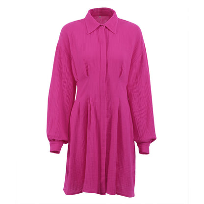 Rose Red Cotton Long Sleeves Short Women Shrit Dresses