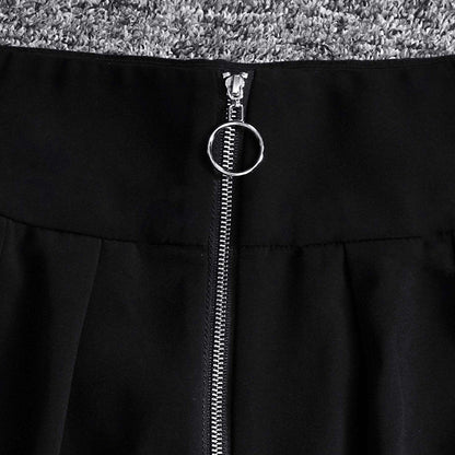 Black High Waist Designed Zipper Women Wide Leg Pants