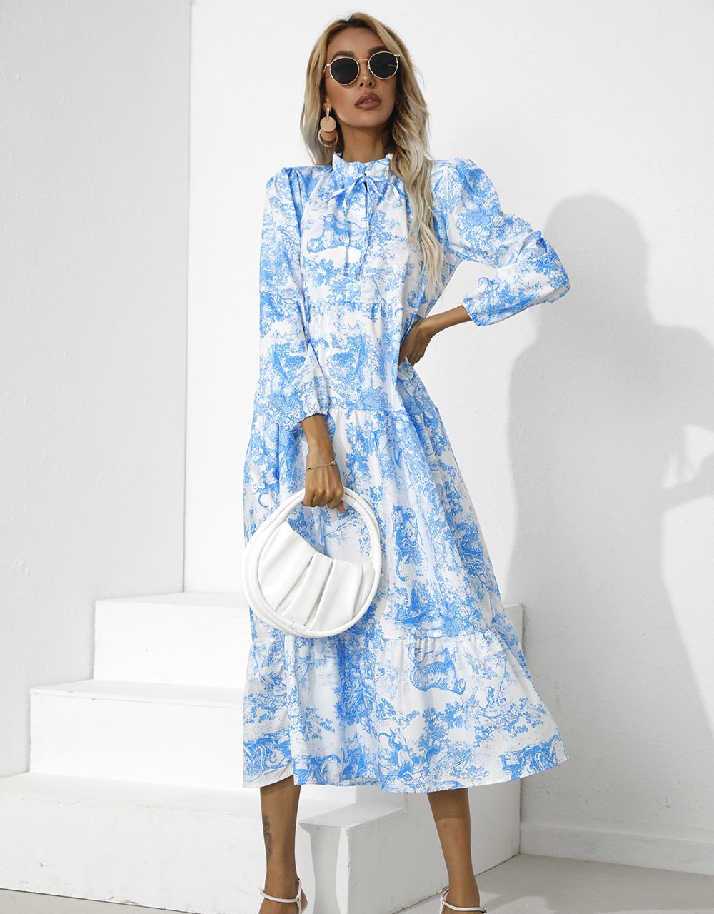 Women Round Neck Loose Fall Long Dresses-STYLEGOING