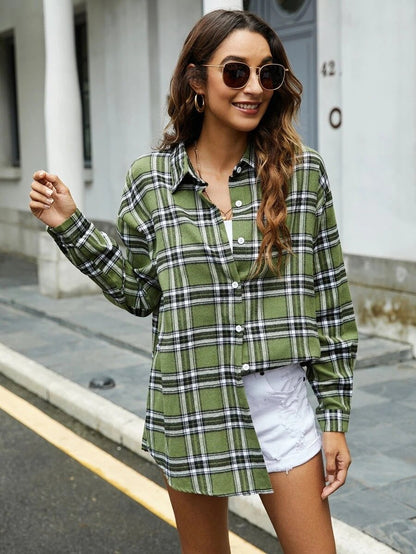Casual Turnover Collar Plaid Long Sleeves Women Shirts