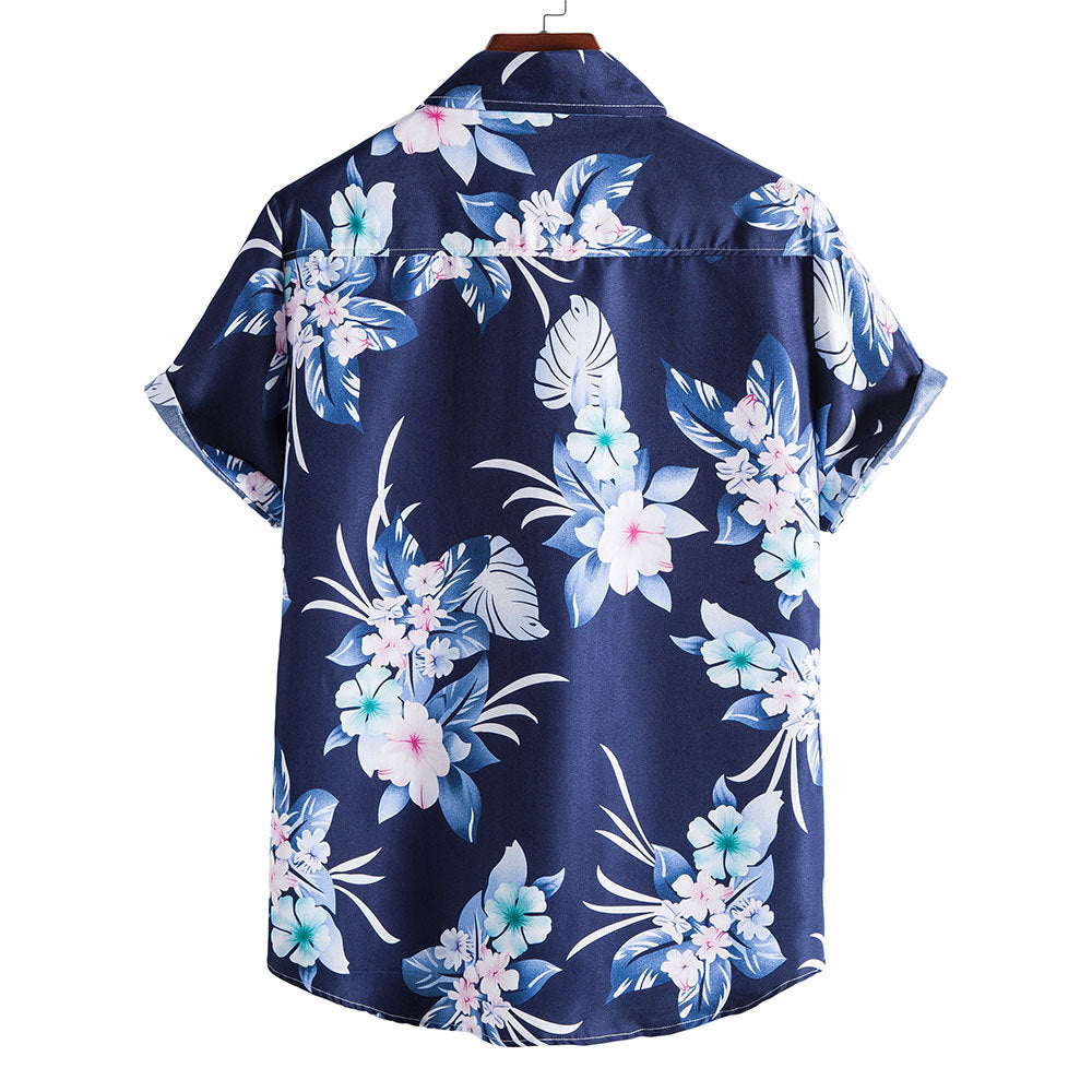 Blue Floral Print Men's Summer Short Sleeves T Shirts