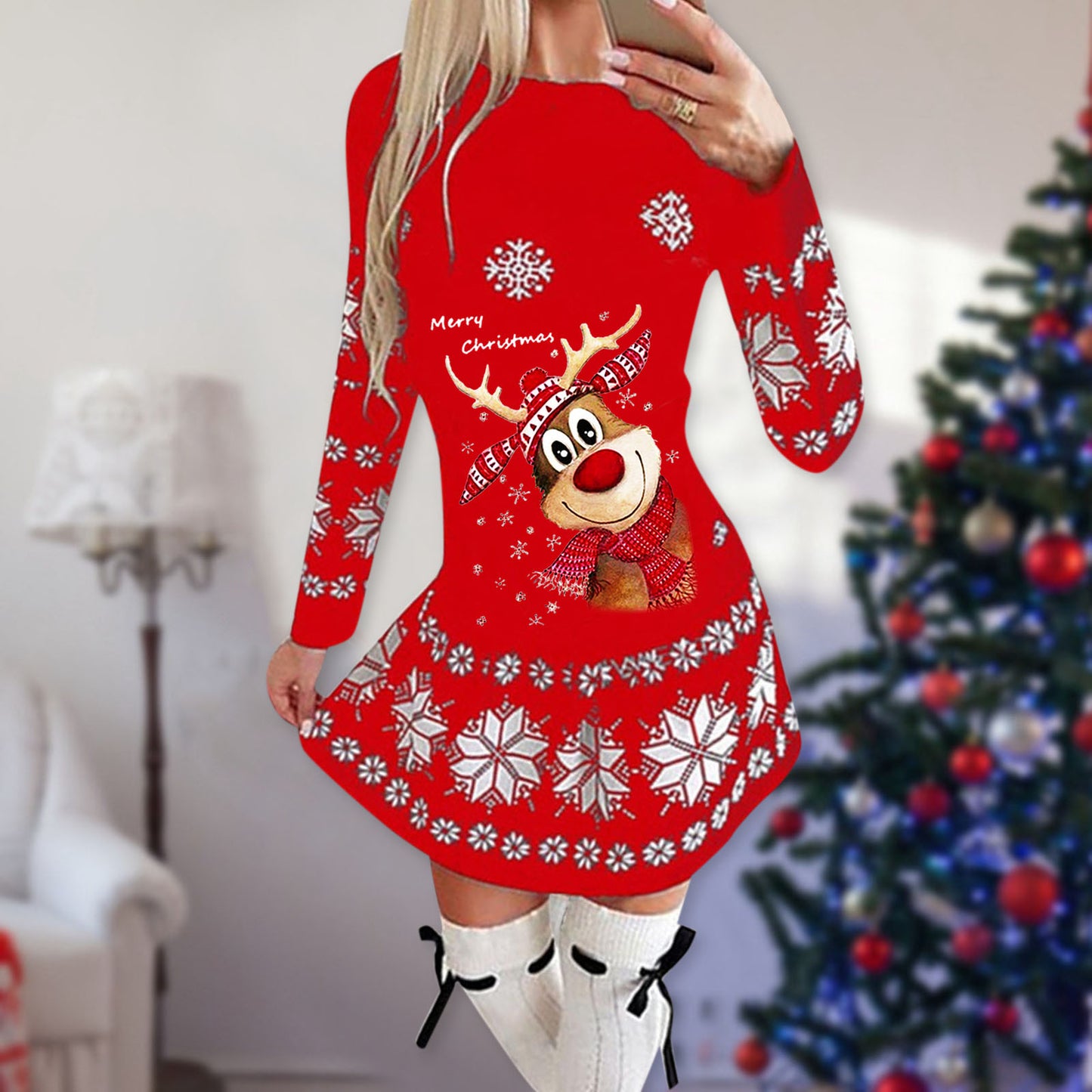 Merry Christmas Print Women Long Sleeves Dresses