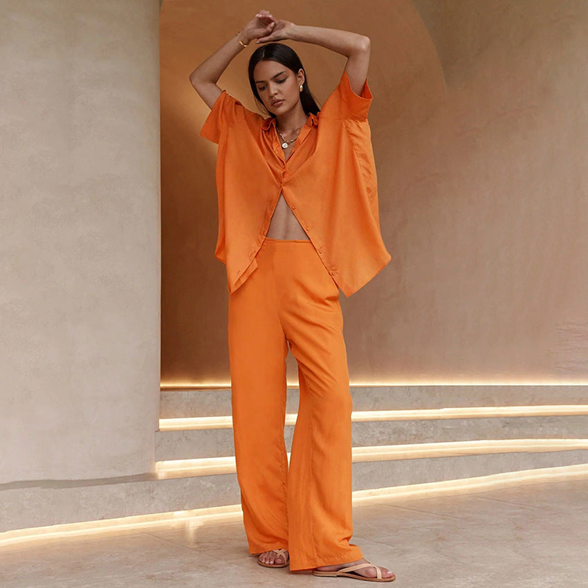 Summer Short Sleeves Orange Shirts and Wide Leg Pants Two Pieces Suits