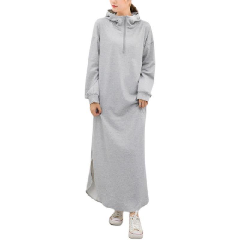 Women Casual Zipper Fall Long Hoody Dresses-STYLEGOING
