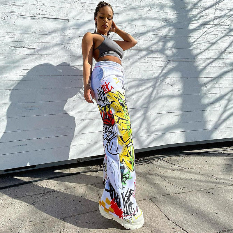 Casual Graffiti Print Wide Legs Pants for Women