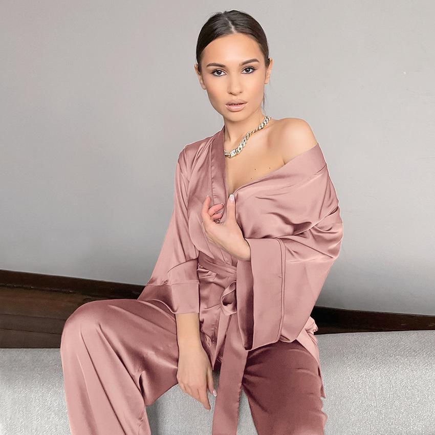 Women Satin Lace Up Fall Sleepwear Suits for Women