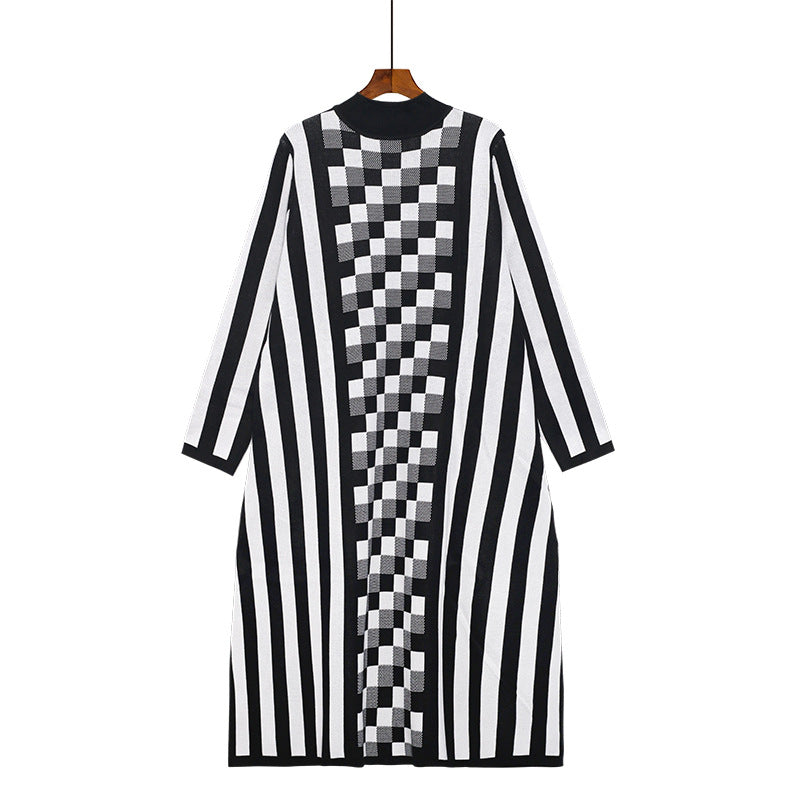 Black&white Knitting Striped Women Long Cozy Dresses