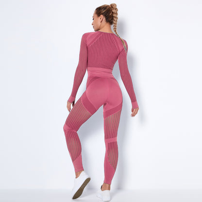 Sexy Hollow Out Long Sleeves Tops and Leggings Sets for Yoga Sporting