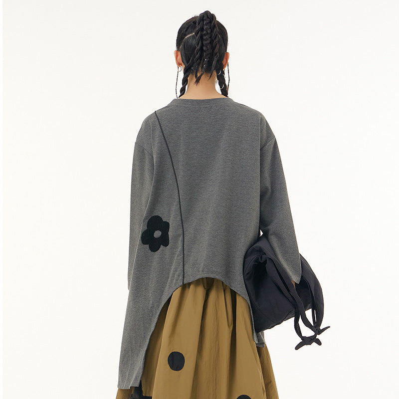Gray Flowers Irregular Pullover Top Sweaters