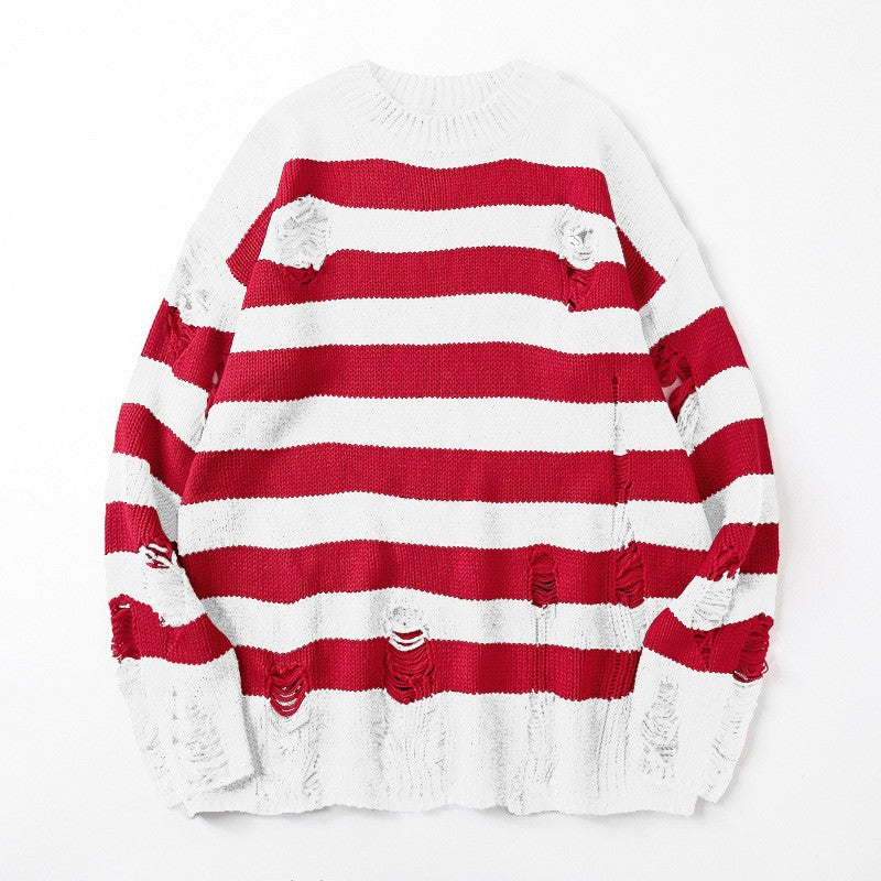 Casual Broken Holes Striped Knitting Sweaters for Couple
