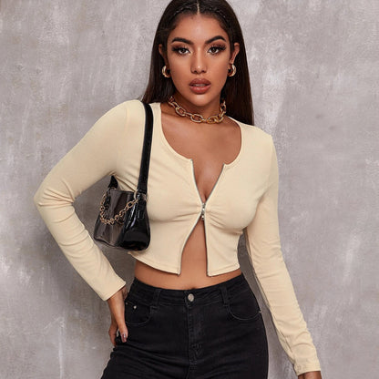 Sexy Zipper Knitted Long Sleeves T Shirts