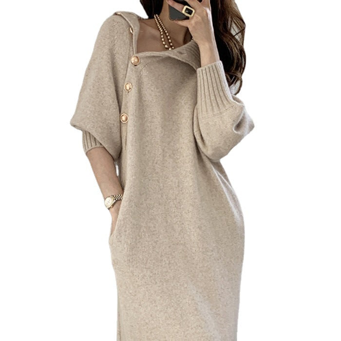 Loose Turtleneck Lace Up Knitted Winter Long Dresses