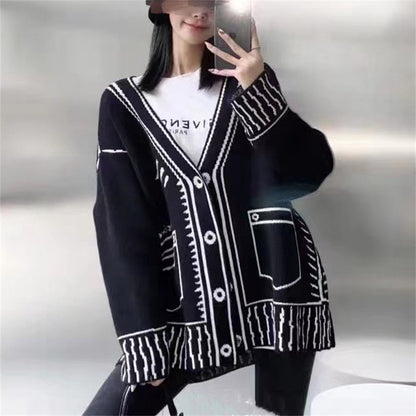 Black and White Graffiti Loose Knitted Sweater Cardigans