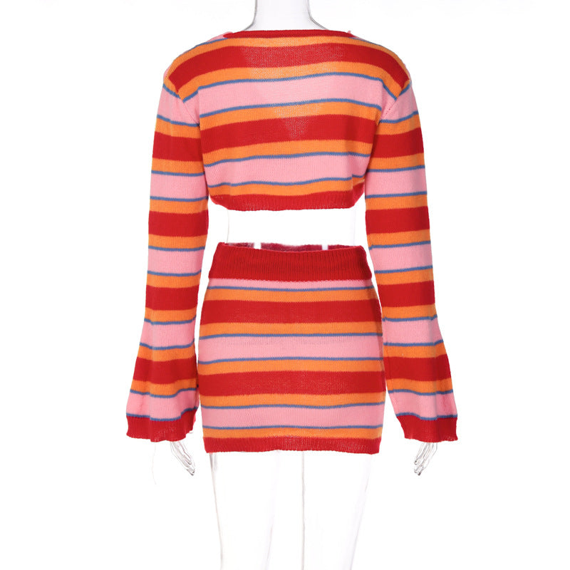 Red Striped Fall Knitted Women Dresses Suits