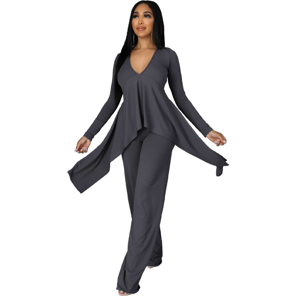 Sexy Long Sleeves Irregular Tops and Pants Set for Women