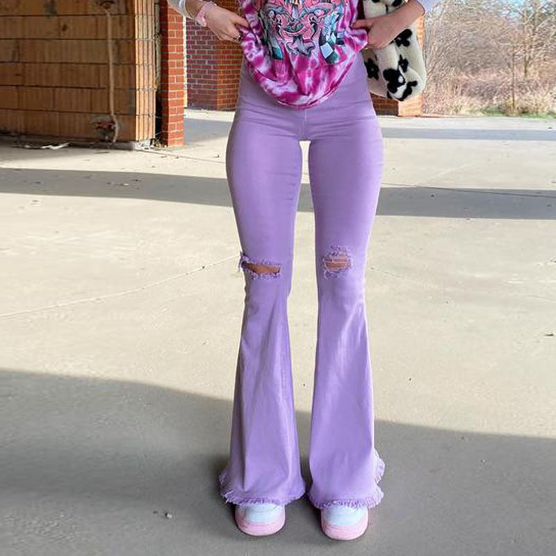 Sexy Broken Holes Trumpet Elastic Jeans