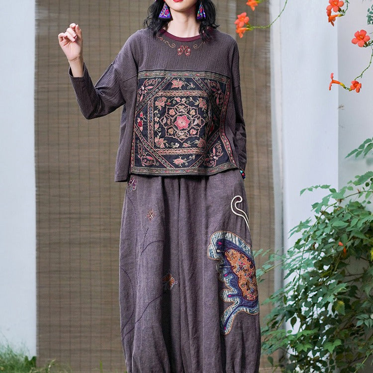 Vintage Urban Linen Embroidery T Shirts & Pants for Women